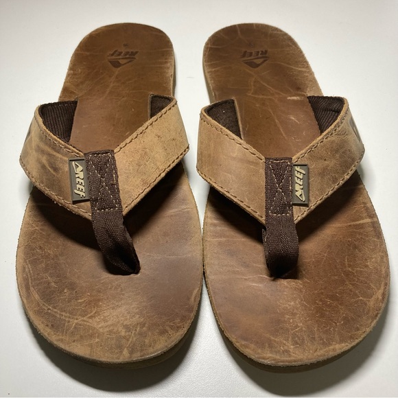 Reef Men's Size 9 Brown Leather Flip Flop Sandals Thongs - Picture 2 of 12